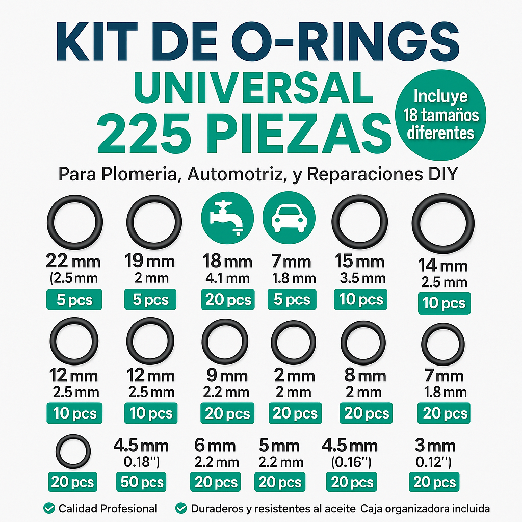 KIT 225 JUNTAS SELLANTES O-RINGS + ORGANIZADOR GRATIS