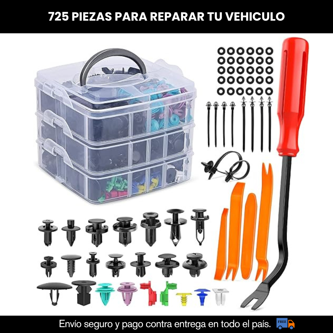 JUEGO DE PINES, CLIPS Y REMACHES PARA CARRO 725 PIEZAS
