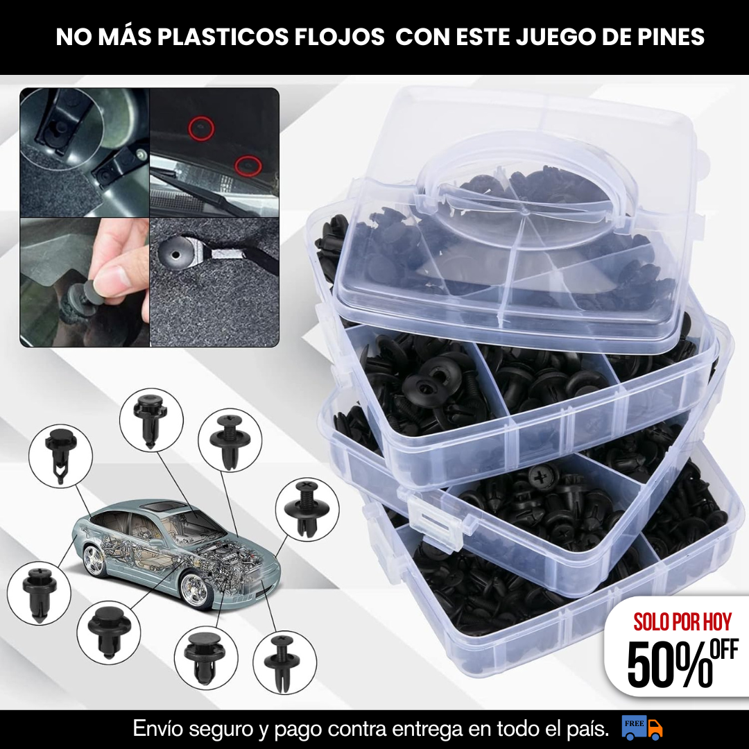 JUEGO DE PINES, CLIPS Y REMACHES PARA CARRO 725 PIEZAS