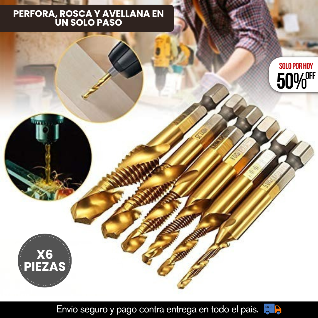 JUEGO X6 BROCAS 3 EN 1 PERFORA, ROSCA Y AVELLANA