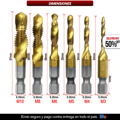 JUEGO X6 BROCAS 3 EN 1 PERFORA, ROSCA Y AVELLANA