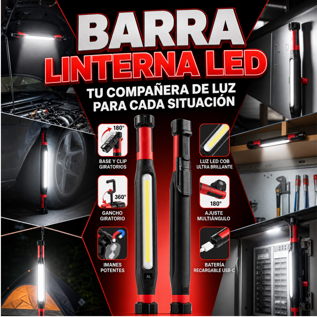 BARRA LINTERNA LED MAGNETICA RECARGABLE 360° GRADOS