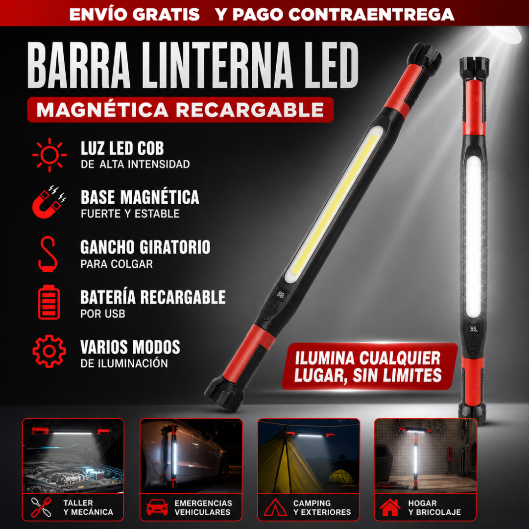 BARRA LINTERNA LED MAGNETICA RECARGABLE 360° GRADOS