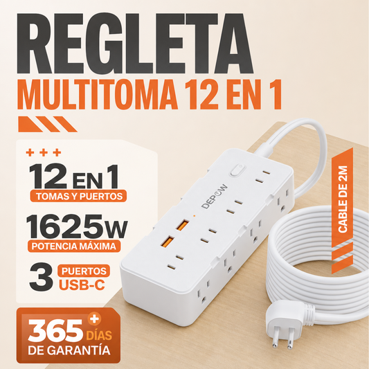 MULTITOMA 5 METROS 12 EN 1 CON PROTECCIÓN DE VOLTAJE