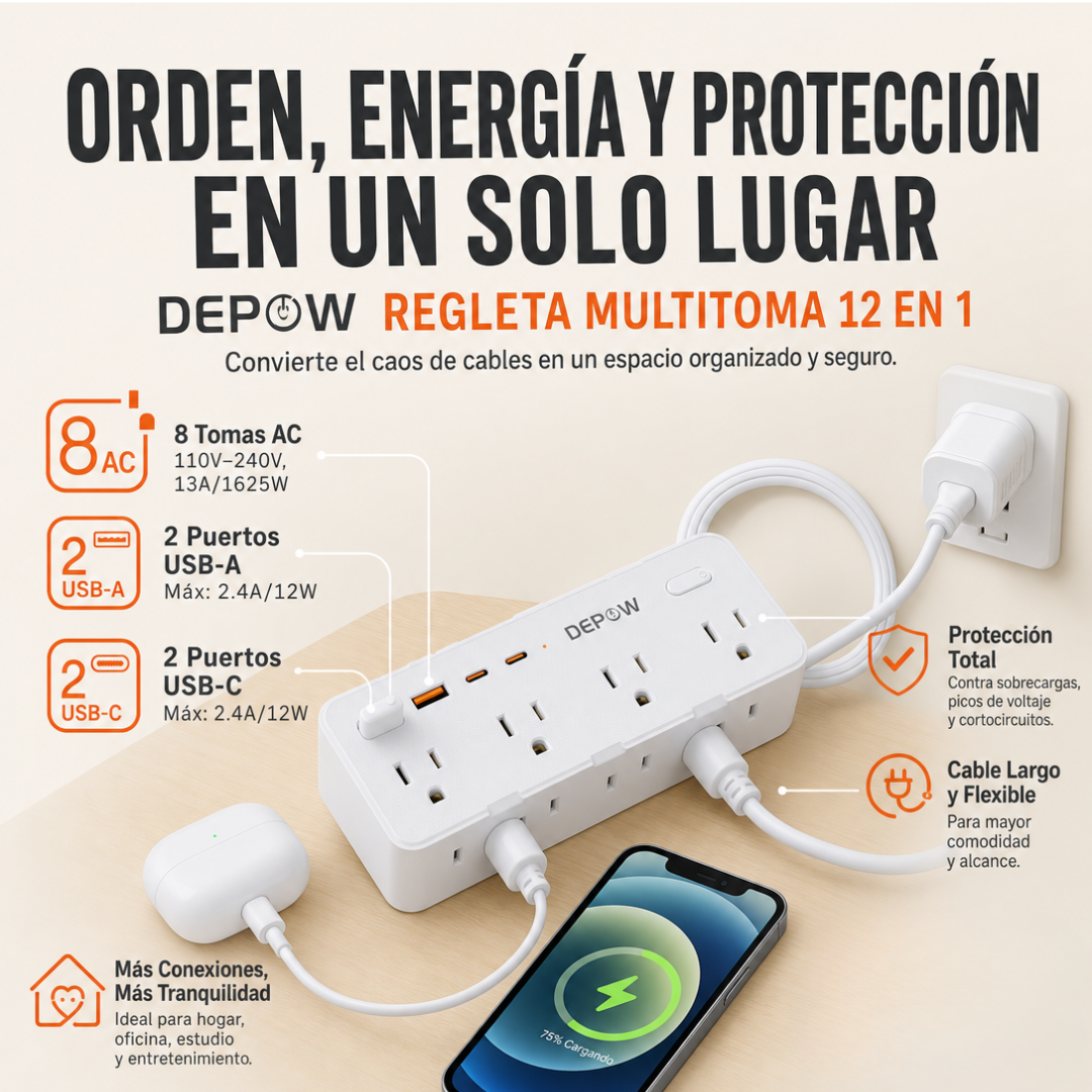 MULTITOMA 5 METROS 12 EN 1 CON PROTECCIÓN DE VOLTAJE
