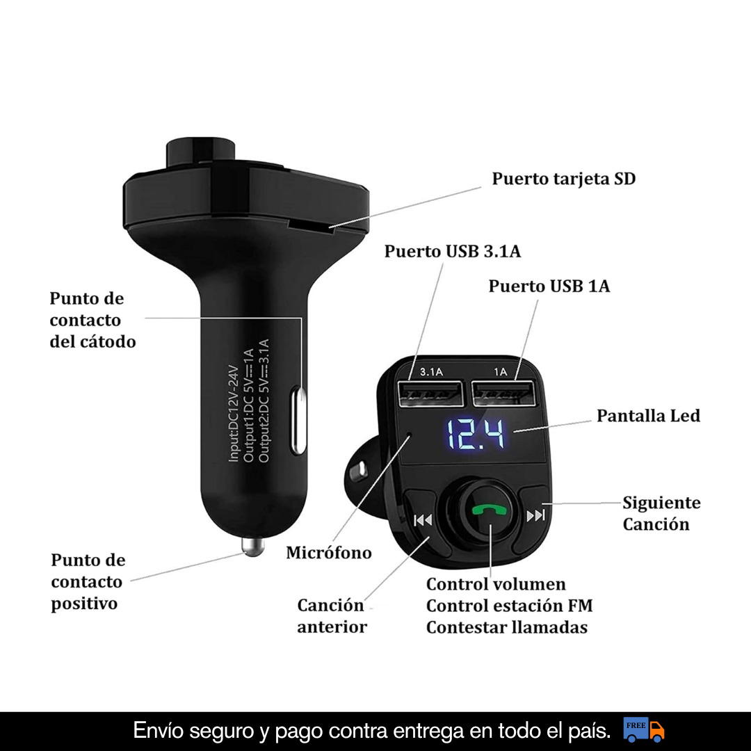 CONVERTIDOR A BLUETOOTH CON RADIO FM Y PUERTO DE CARGA USB
