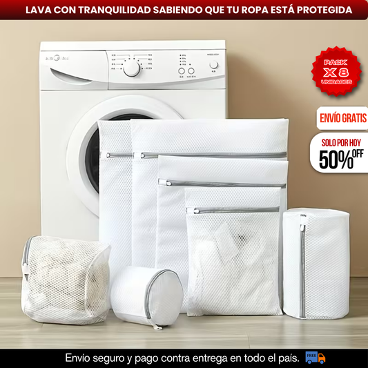 PACK X8 BOLSAS MALLA PARA LAVANDERIA Y CUIDADO DE PRENDAS