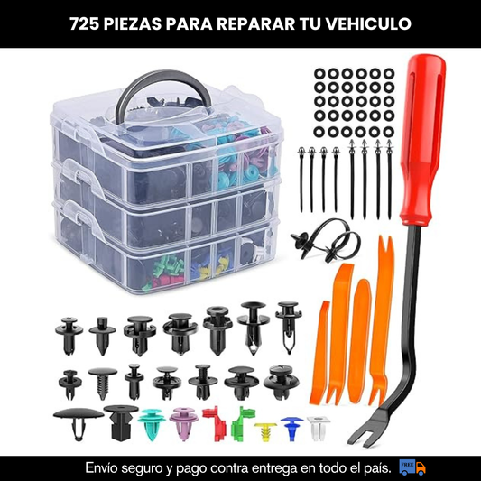 JUEGO DE PINES, CLIPS Y REMACHES PARA CARRO 725 PIEZAS