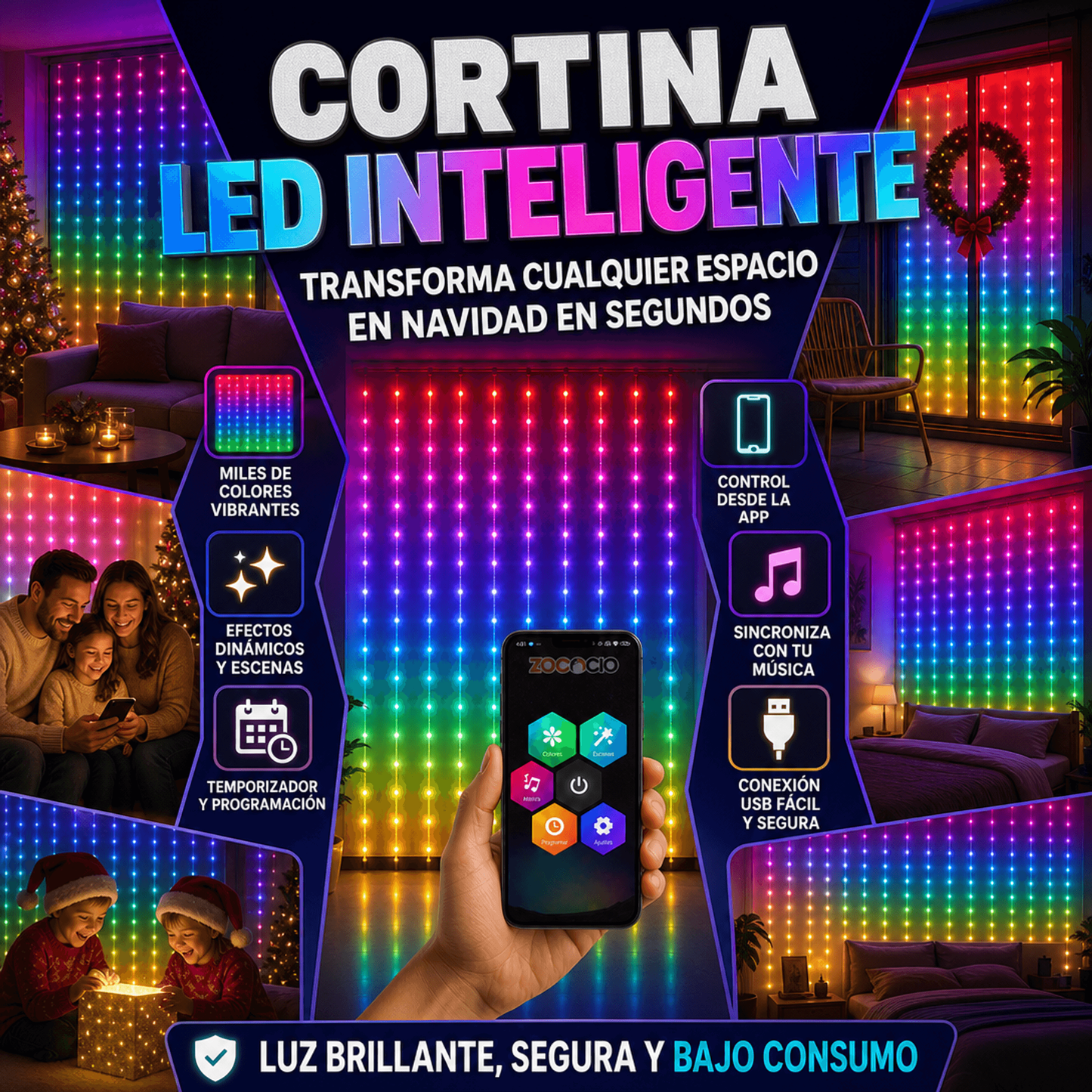 CORTINA LED NAVIDEÑA INTELIGENTE 3X2 METROS